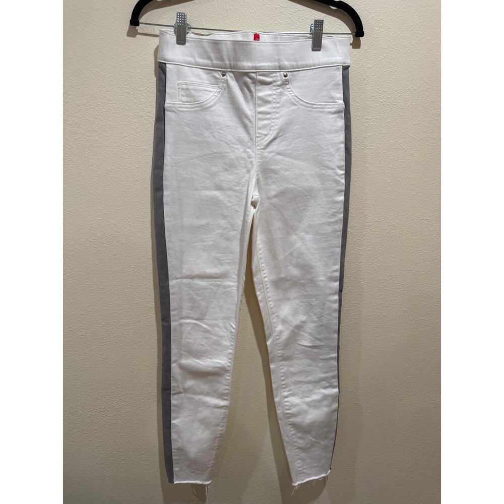 Spanx Side Stripe Distressed Skinny Jeans small white gray stripe